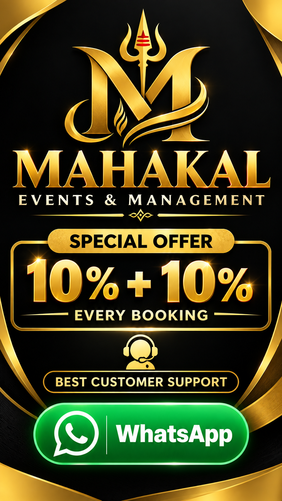 Mahakal Events and Management special offer poster: 10 percent plus 10 percent, customer support and WhatsApp enquiry